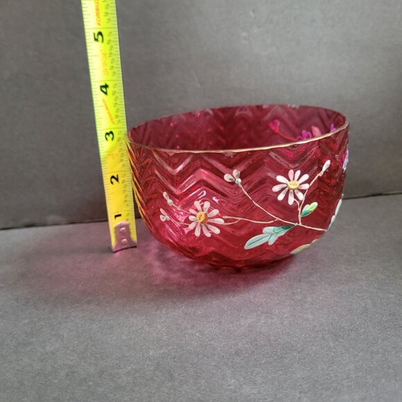 Vintage Hand-Painted Cranberry Glass Bowl Handpainted Floral Design &Chevron Pat - Picture 11 of 13